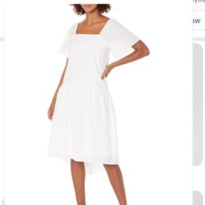 Theory White High Low Sundress with Off-the-Shoulder Flutter Sleeves